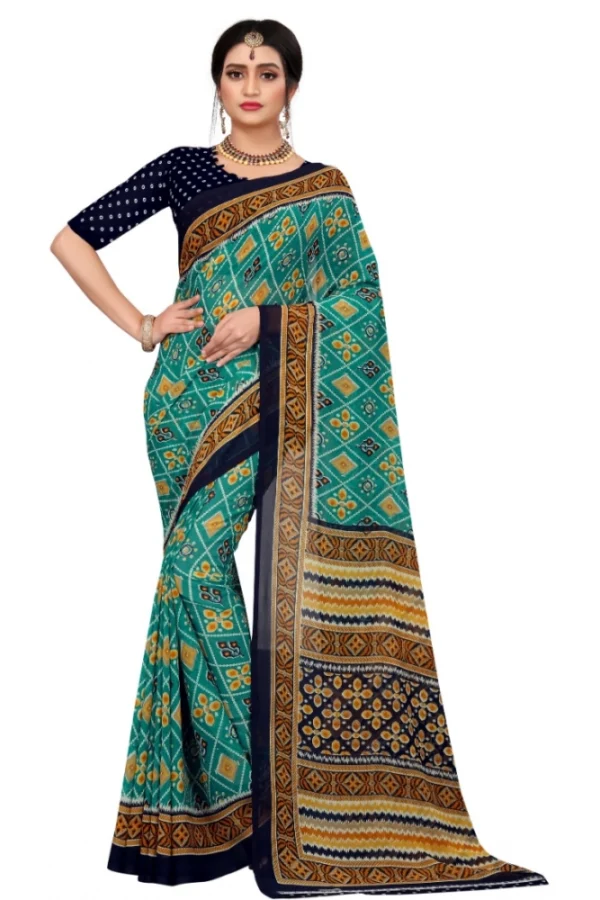 Women's Georgette Floral Print Saree With Unstitched Blouse 5.5Mtr (Dark Green)