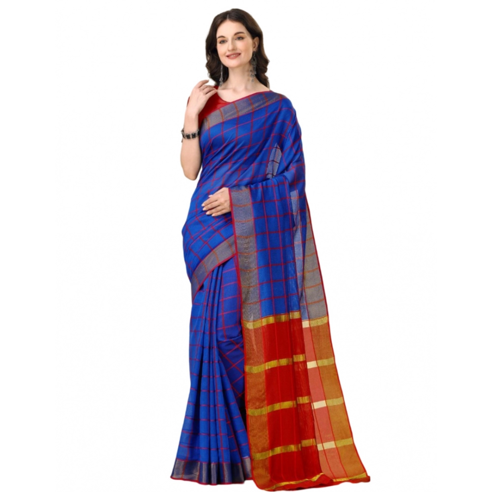 53936584167_2166e6fba3_o_d-1000x1000-1.webp Women's Cotton Silk Checkered Saree With Unstitched Blouse 5.5Mtr (Blue) - Image 1