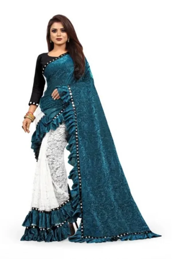 Women's Silk With Mirror Lace Solid Saree With Unstitched Blouse (Rama, 5-5 Mtrs)