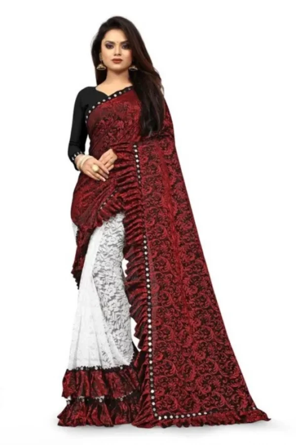Women's Silk With Mirror Lace Solid Saree With Unstitched Blouse (Red, 5-5 Mtrs)