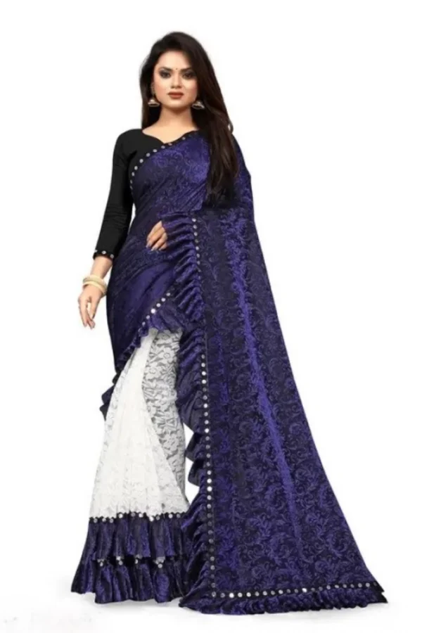 Women's Silk With Mirror Lace Solid Saree With Unstitched Blouse (Blue, 5-5 Mtrs)