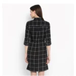 Women's Polyester Checkered Roll Up Sleeve Above Knee Dress (Black - White) - Image 7