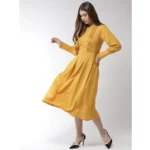 Women's Polyester Pintuck Long Sleeves Below Knee Dress (Yellow) - Image 6