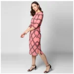 Women's Polyester Checkered 3-4th Sleeves Below Knee Dress (Pink - Black) - Image 3