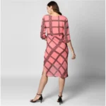 Women's Polyester Checkered 3-4th Sleeves Below Knee Dress (Pink - Black) - Image 7