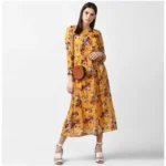 Women's Polyester Floral Long Sleeves Calf-length Dress (Yellow) - Image 5