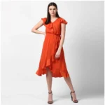 Women's Polyester Ruffled Cap Sleeve Knee-Length Dress (Orange) - Image 5