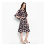 Women's Polyester Floral Short Sleeve Knee-Length Dress (Black - Multicolor) - Image 4