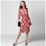 Women's Polyester Checkered 3-4th Sleeves Below Knee Dress (Pink - Black) - Image 6