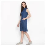 Women's Denim Solid Sleeveless Above Knee Dress (Blue) - Image 3