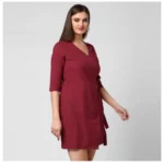 Women's Cotton Solid 3-4th Sleeves Above Knee Dress (Maroon) - Image 3