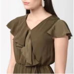Women's Polyester Ruffled Cap Sleeve Knee-Length Dress (Olive) - Image 2