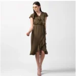 Women's Polyester Ruffled Cap Sleeve Knee-Length Dress (Olive) - Image 5