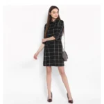 Women's Polyester Checkered Roll Up Sleeve Above Knee Dress (Black - White) - Image 6