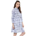 Women's Cotton Checkered Roll Up Sleeve Above Knee Dress (Blue) - Image 4