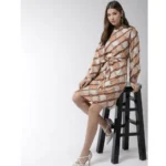 Women's Polyester Checkered Long Sleeves Above Knee Dress (Off White - Brown) - Image 5