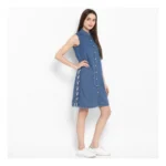 Women's Denim Solid Sleeveless Above Knee Dress (Blue) - Image 4