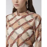 Women's Polyester Checkered Long Sleeves Above Knee Dress (Off White - Brown) - Image 2