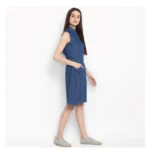 Women's Denim Solid Sleeveless Above Knee Dress (Blue) - Image 4