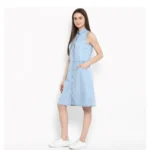 Women's Denim Solid Sleeveless Below Knee Dress (Blue) - Image 3