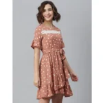 Women's Polyester Polka Bell Sleeve Above Knee Dress (Brown) - Image 3