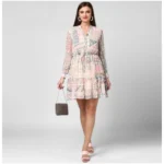 Women's Polyester Printed Long Sleeves Above Knee Dress (Light Pink - Off White) - Image 6