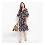Women's Polyester Floral Short Sleeve Knee-Length Dress (Black - Multicolor) - Image 6