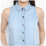 Women's Denim Solid Sleeveless Below Knee Dress (Blue) - Image 2
