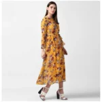 Women's Polyester Floral Long Sleeves Calf-length Dress (Yellow) - Image 3