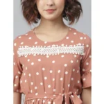 Women's Polyester Polka Bell Sleeve Above Knee Dress (Brown) - Image 2