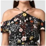 Women's Polyester Floral Cold Shoulder Above Knee Dress (Black) - Image 3