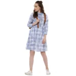 Women's Cotton Checkered Roll Up Sleeve Above Knee Dress (Blue) - Image 6