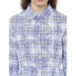 Women's Cotton Checkered Roll Up Sleeve Above Knee Dress (Blue) - Image 2
