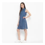 Women's Denim Solid Sleeveless Above Knee Dress (Blue) - Image 3