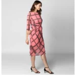 Women's Polyester Checkered 3-4th Sleeves Below Knee Dress (Pink - Black) - Image 4