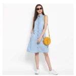 Women's Denim Solid Sleeveless Below Knee Dress (Blue) - Image 6