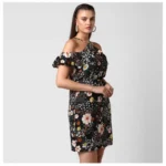 Women's Polyester Floral Cold Shoulder Above Knee Dress (Black) - Image 4