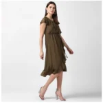 Women's Polyester Ruffled Cap Sleeve Knee-Length Dress (Olive) - Image 3