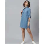Women's Denim Solid Long Sleeves Above Knee Dress (Ice Blue) - Image 5