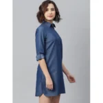 Women's Denim Solid Long Sleeves Above Knee Dress (Navy Blue) - Image 3