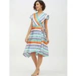 Women's Satin Striped Short Sleeve Knee-Length Dress (Multicolor) - Image 3