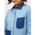 Women's Denim Patch Work Long Sleeves Standard Length Shirt (Blue) - Image 2