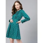 Women's Polyester Polka Long Sleeves Above Knee Dress (Green - White) - Image 4