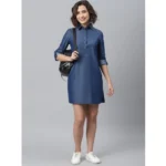 Women's Denim Solid Long Sleeves Above Knee Dress (Navy Blue) - Image 5