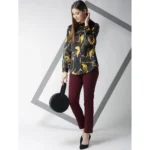 Women's Satin Printed Long Sleeves Standard Length Shirt (Black - Gold) - Image 5