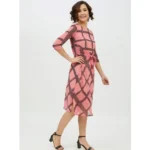 Women's Polyester Checkered 3-4th Sleeves Below Knee Dress (Pink) - Image 4