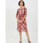 Women's Polyester Checkered 3-4th Sleeves Below Knee Dress (Pink) - Image 6