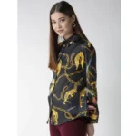 Women's Satin Printed Long Sleeves Standard Length Shirt (Black - Gold) - Image 3