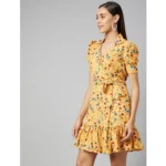 Women's Polyester Floral Short Sleeve Above Knee Dress (Yellow) - Image 4