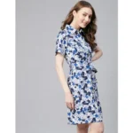 Women's Polyester Floral Short Sleeve Above Knee Dress (Blue - White) - Image 3